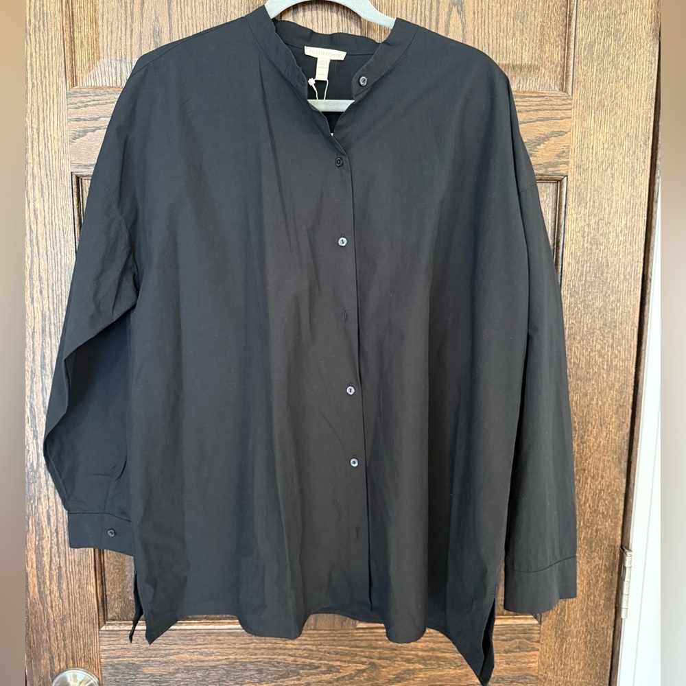 NWT Eileen Fisher Black Mandarin Collar Boxy Button-Up Shirt XL